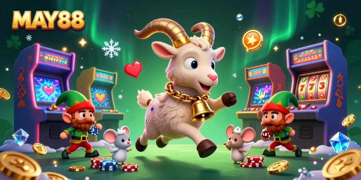MAY88 casino scene featuring Krampus, an angel mouse, and mischievous gremlins in a vibrant slot-themed setting.