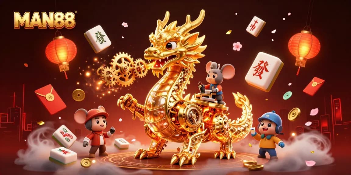Experience thrilling gaming action at MAN88 with a golden dragon and festive casino elements.