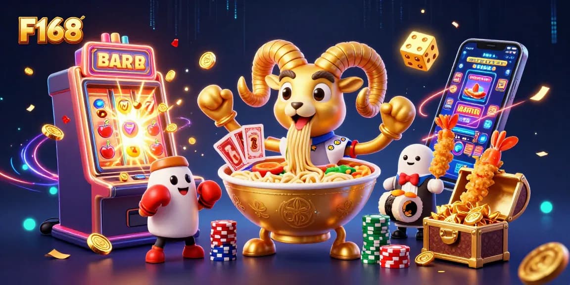 Engage in thrilling F168 gaming with a vibrant scene featuring a golden ramen dealer surrounded by slot machines and confetti.