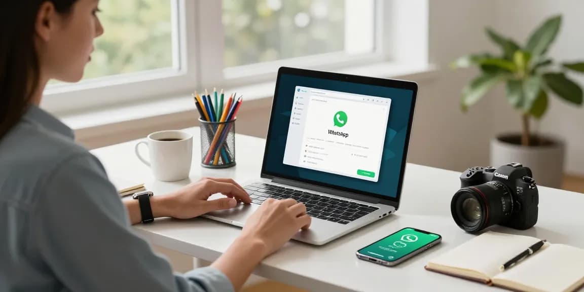 Engaging workspace showcasing WhatsApp電腦版 on a laptop in a bright home office setting.