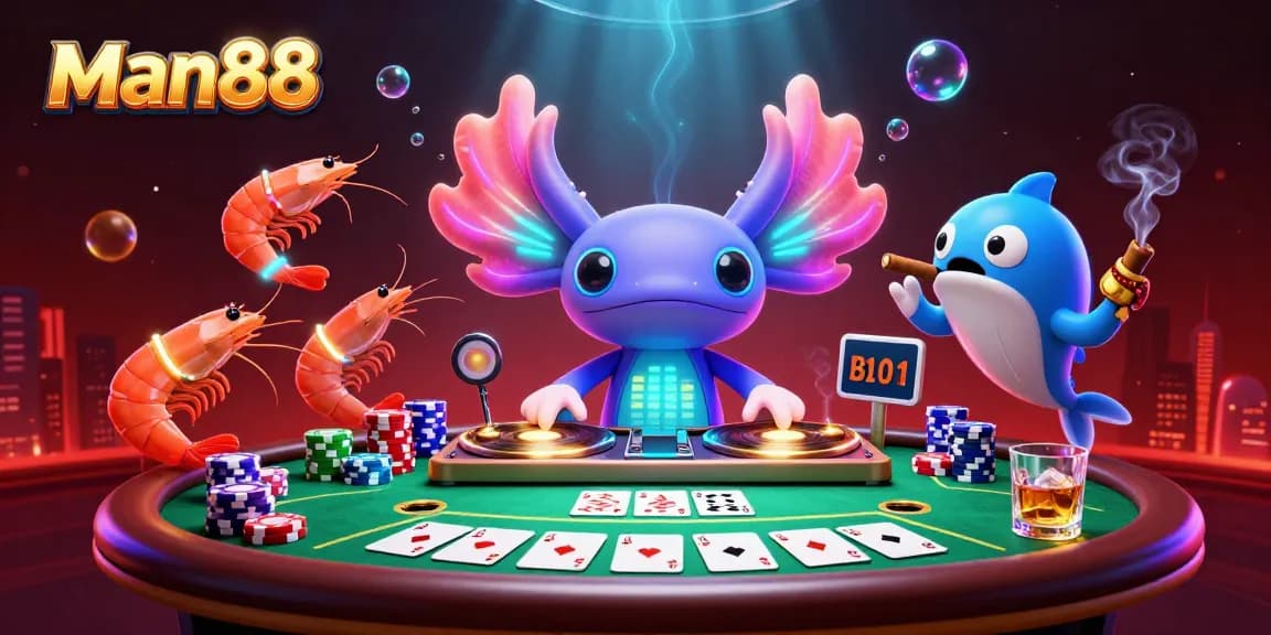 Engage with man88's casino action through vibrant 3D art featuring a DJ and poker elements.