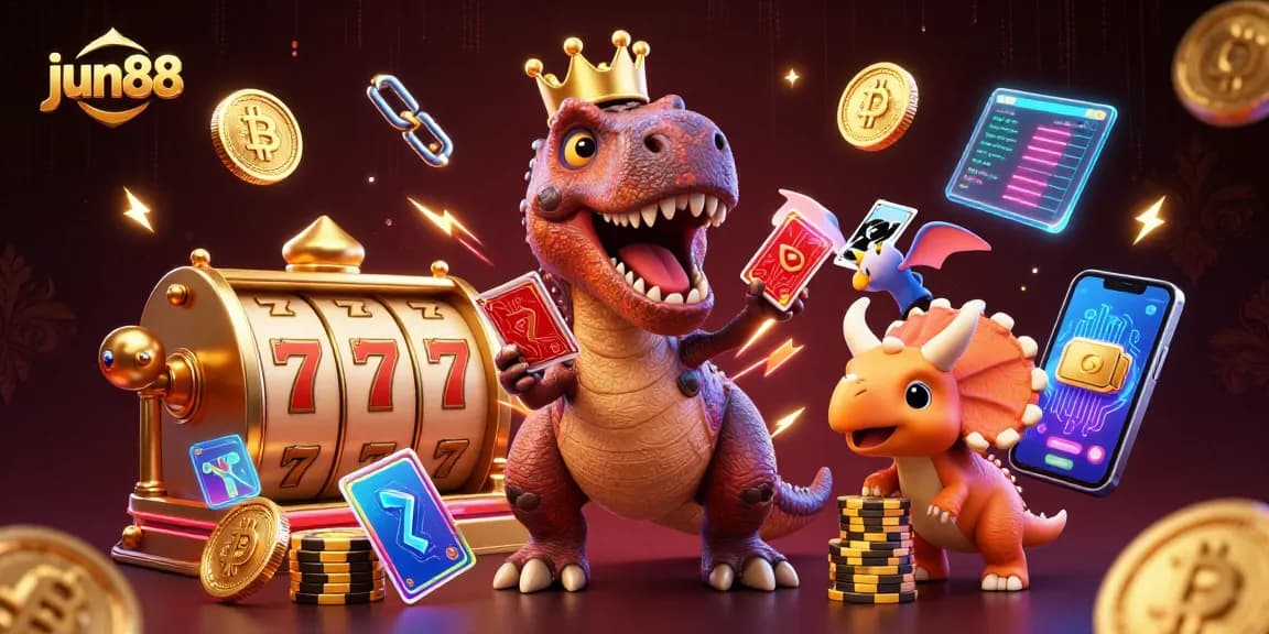 Engage with jun88 as T-Rex shuffles cards at a lively casino scene with vibrant elements.