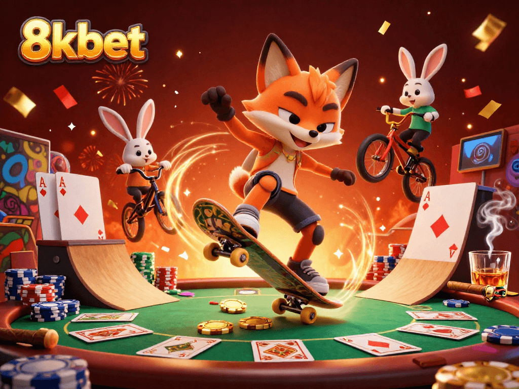Experience thrilling action at 8kbet with cartoon characters showcasing vibrant casino excitement.