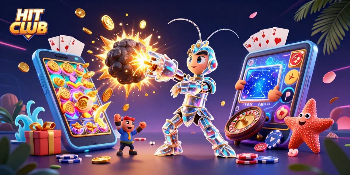 Engage with HIT CLUB through an exciting 3D illustration of vibrant casino elements and characters.