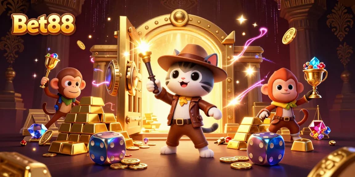 Bet88 offers a thrilling adventure of exploring casino treasures with an archaeologist cat and a torch-bearing monkey.