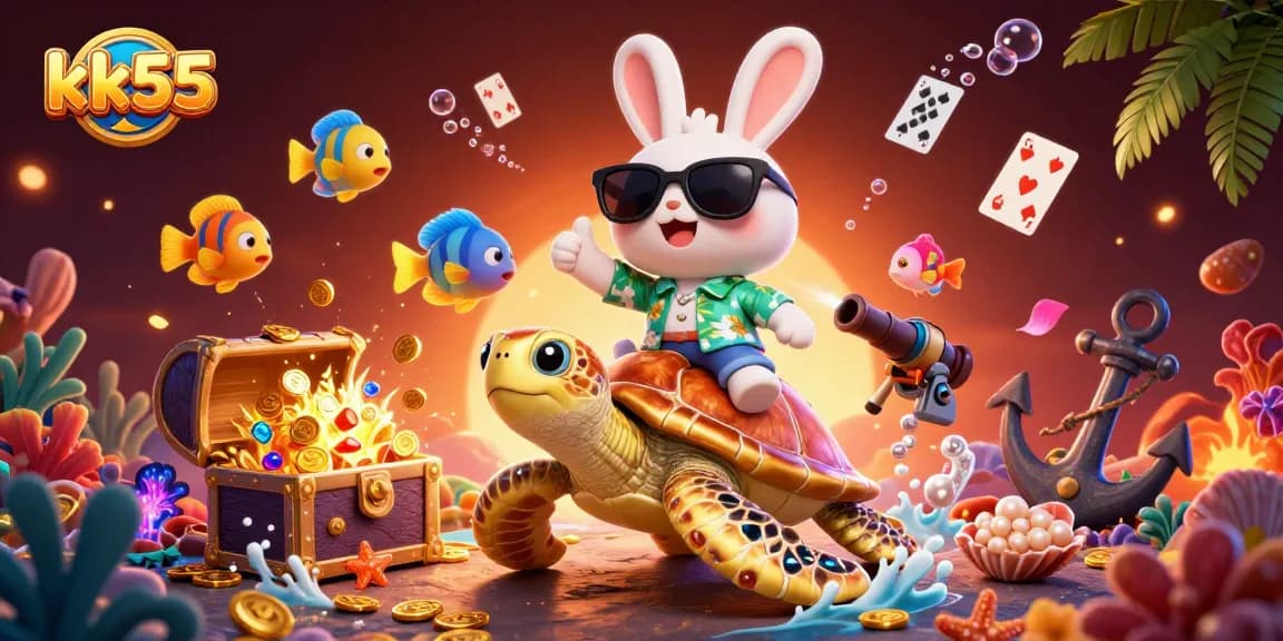 Experience the thrill of kk55 with a lucky rabbit and golden sea turtle in a vibrant underwater scene.
