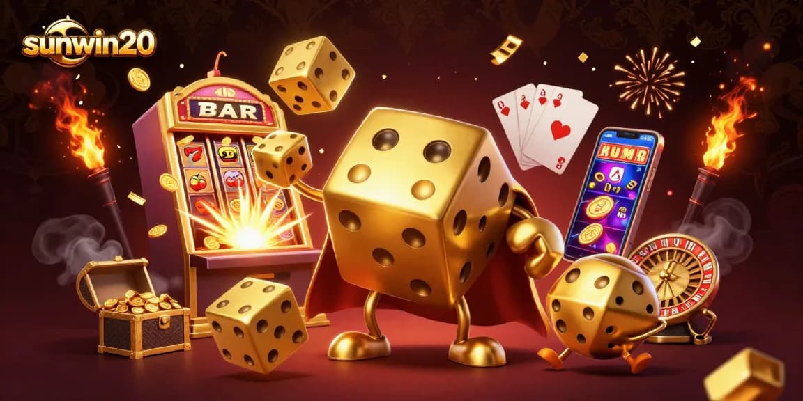 Experience the excitement of sunwin20 with an illustration of vibrant casino elements and dynamic characters in a colorful scene.