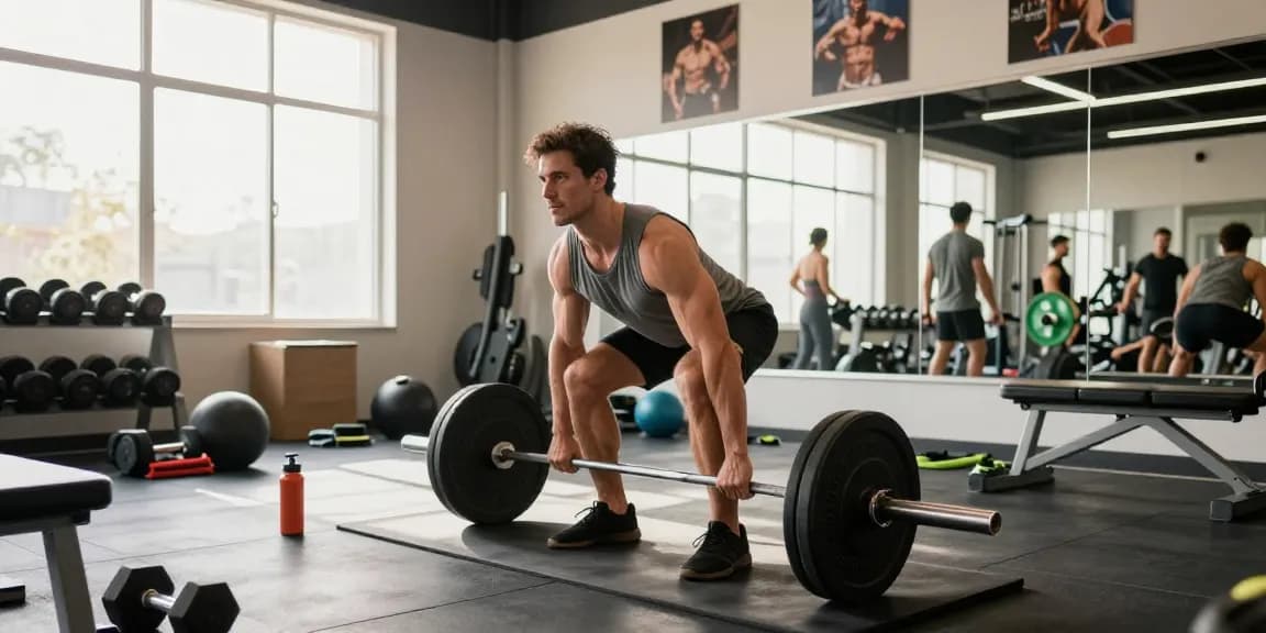 Man lifting weights in a bright gym focusing on Prime Pharma Steroiden for bodybuilding strength.