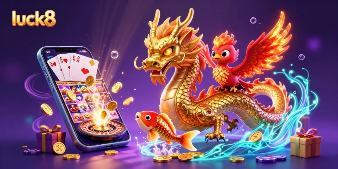 Engage with luck8’s vibrant casino world featuring a majestic dragon, phoenix, and koi amidst rich game elements.