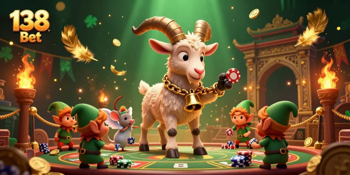 Experience excitement at 138 Bet casino with a lively scene featuring a Krampus goat, angel mouse, and mischievous gremlin dynamics.