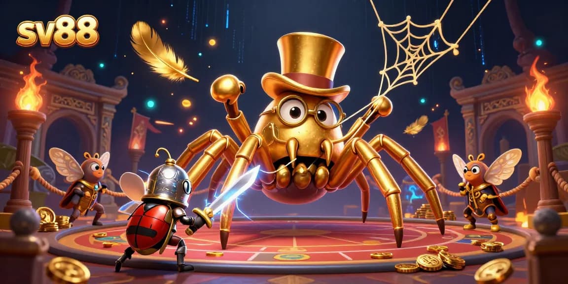 Experience the thrill of sv88 as a giant golden tarantula weaves its web of fortune in a vibrant casino.