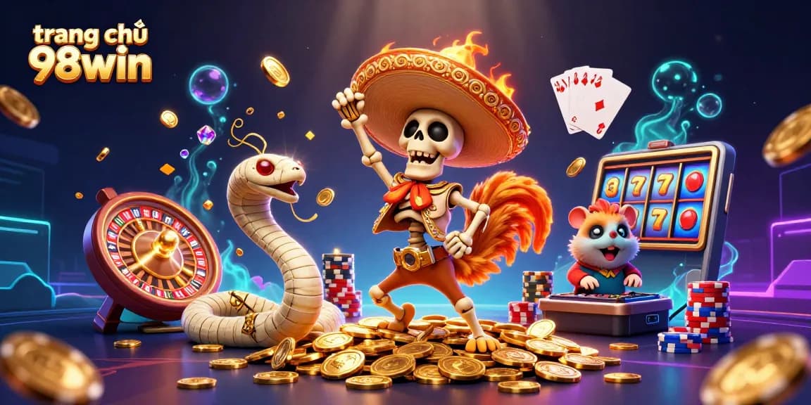 Experience the excitement at trang chủ 98win with vibrant characters dancing among golden coins and casino elements.
