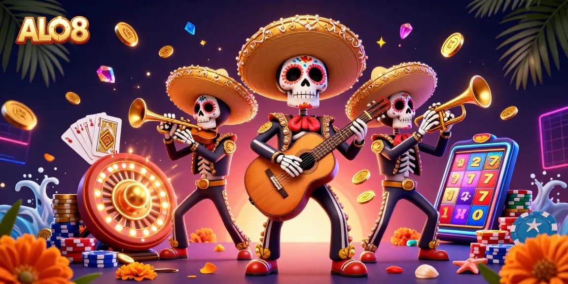 Join ALO8's vibrant casino with a colorful mariachi band amidst shining coins and roulette wheels.