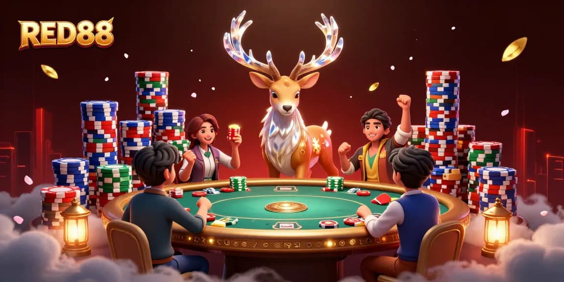 Engage in winning strategies at RED88 casino with vibrant poker scenes and festive celebrations.