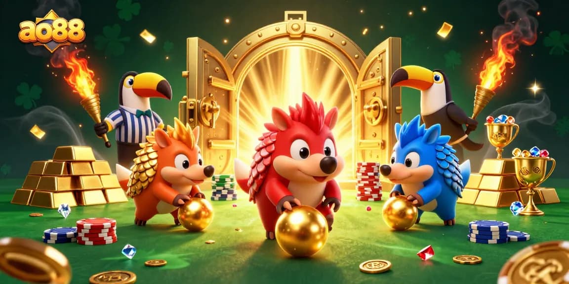 ao88 pangolins compete in a casino-themed showdown with dazzling treasures and vibrant action