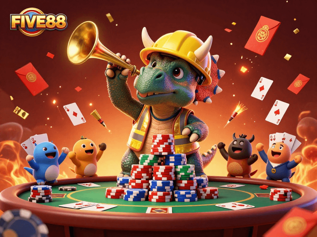 Experience the excitement of FIVE88 with a vibrant 3D casino celebration scene full of poker delights.