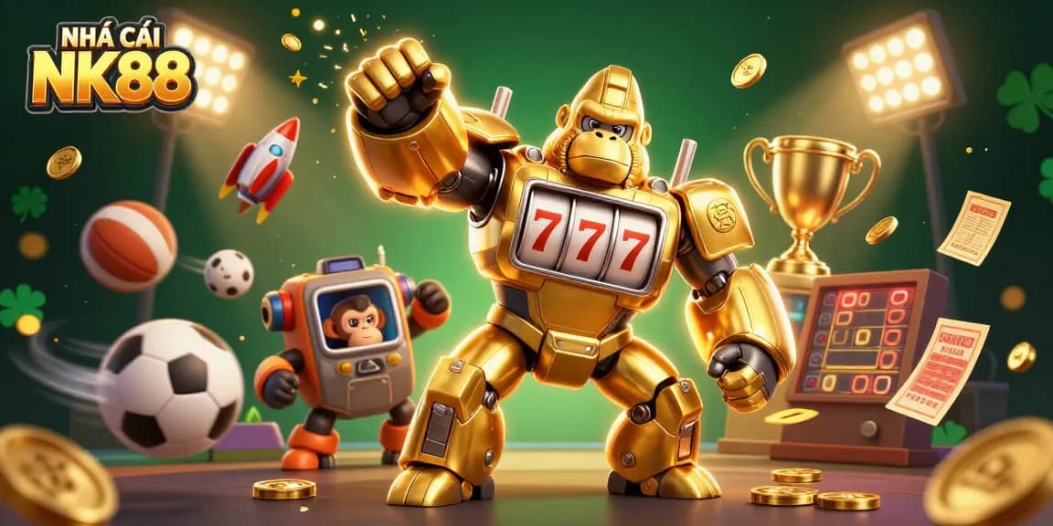 Engage in thrilling gaming with NHÀ CÁI NK88, featuring a dynamic 3D illustration of a golden gorilla mech surrounded by sports elements and coins.