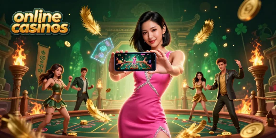 Engaging online casinos scene with a confident woman showcasing live dealer games on her smartphone amidst vibrant casino elements.