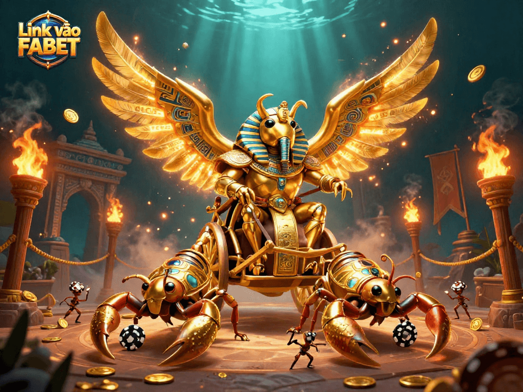 Engage in thrilling gameplay with a stunning representation of Link vào FABET, featuring a golden scarab and gem-laden scorpions.