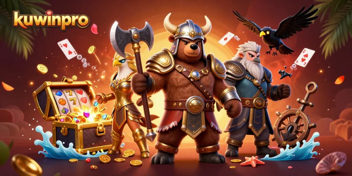 Win big at kuwinpro with luck-filled slots and berserker-themed characters in a stunning casino scene.
