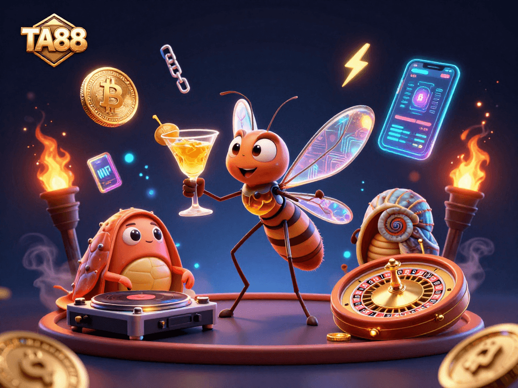 Bet on TA88 with this vibrant illustration featuring a casino mosquito mascot and fossil DJ.