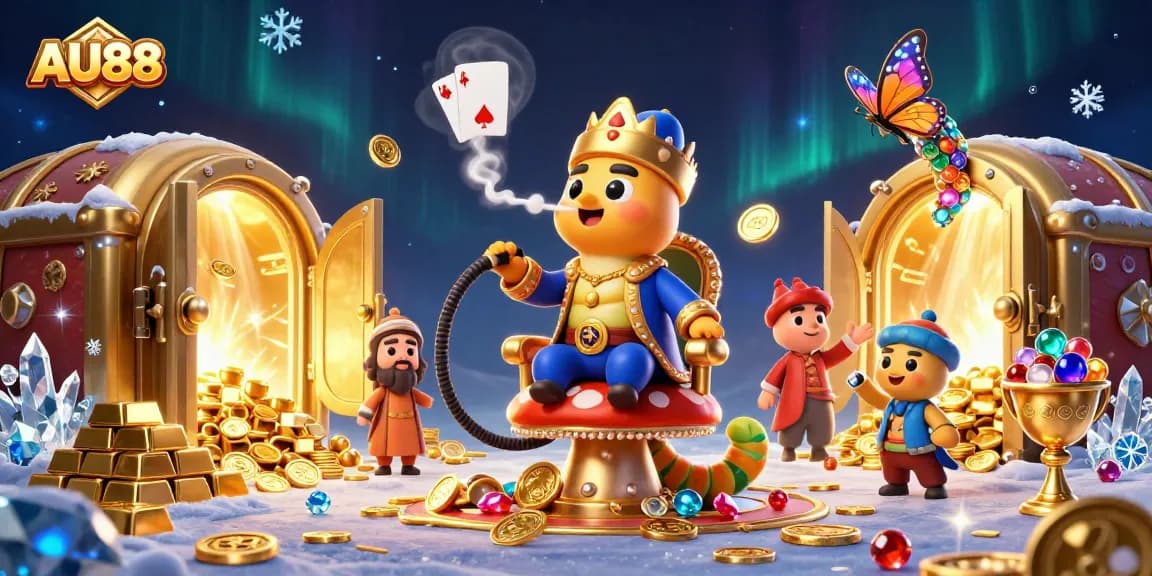 Engage with AU88's thrilling casino experience illustrated through a vibrant 3D scene filled with treasures.