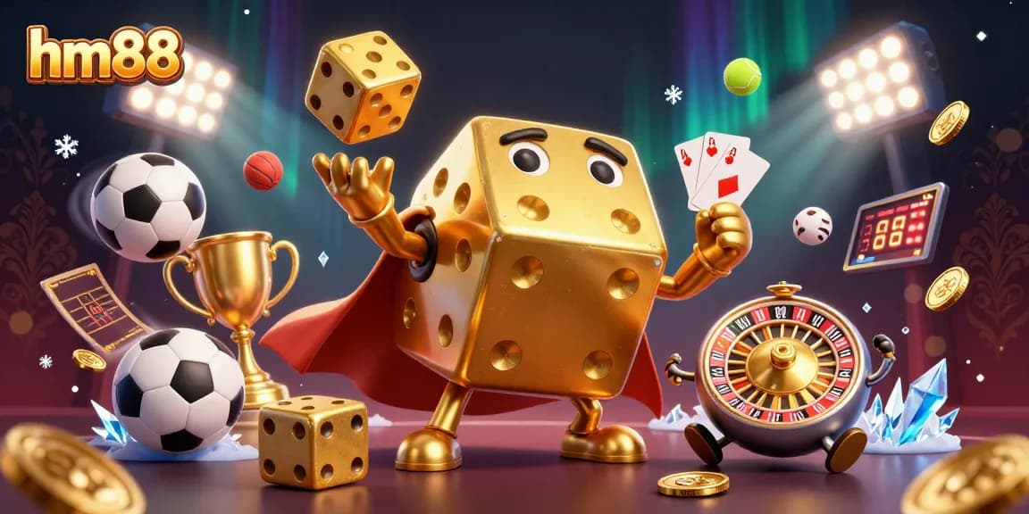 Join the action at hm88 with exciting golden dice and sports elements in this vibrant casino scene.