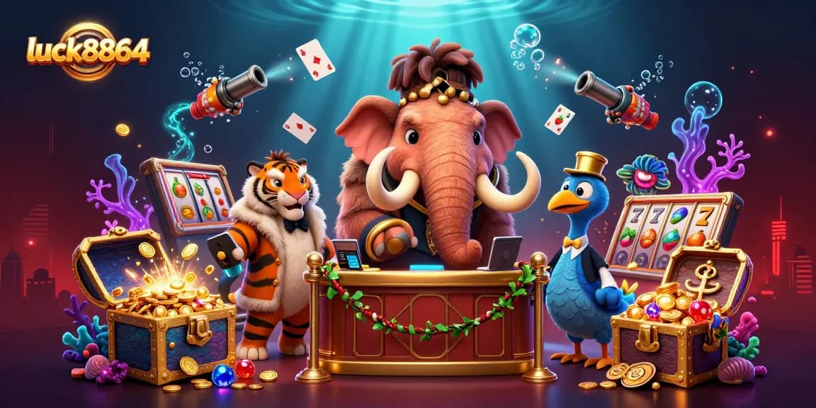 Engage with luck8864's vibrant casino world featuring unique characters and dynamic game elements.