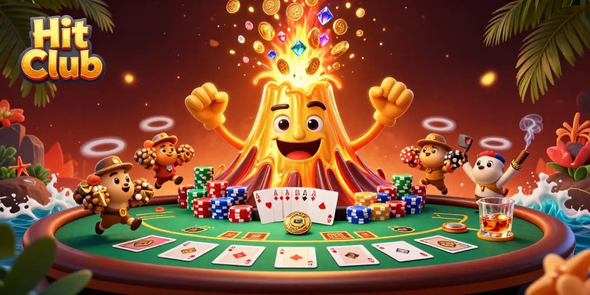 Experience excitement at Hit Club with a volcano erupting treasure and a vibrant poker scene.