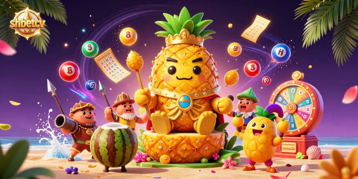 Engage with shbetcv's vibrant casino scene featuring a golden pineapple king and dynamic lottery action.