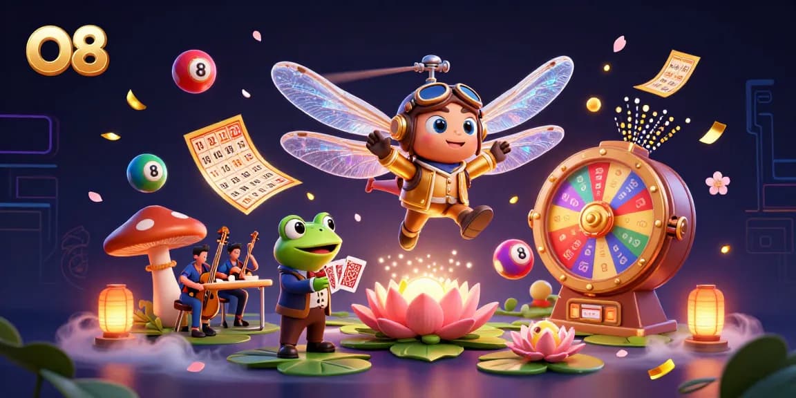O8 provides a vibrant casino experience with a dragonfly pilot, a frog dealing cards, and dynamic game elements.