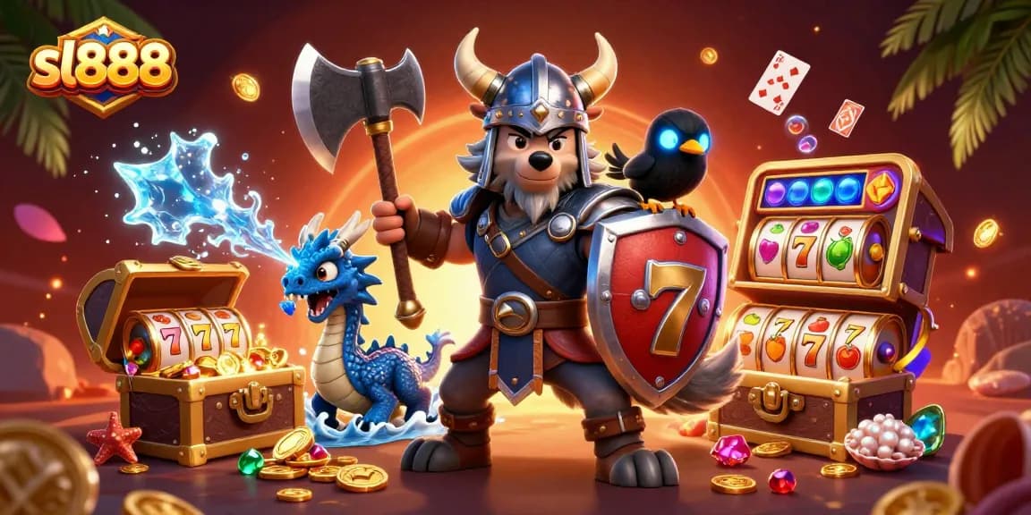 Engage with sl888 at a dynamic casino scene featuring a Viking warrior and treasure.