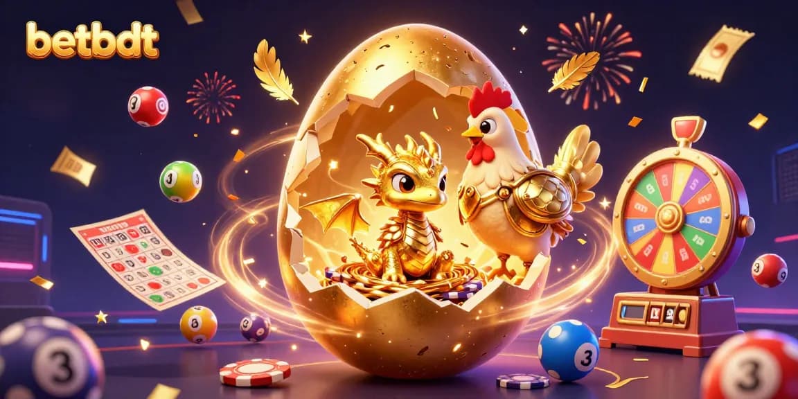 Experience exciting wins at betbdt with a golden dragon and colorful lottery elements in this vibrant 3D illustration.