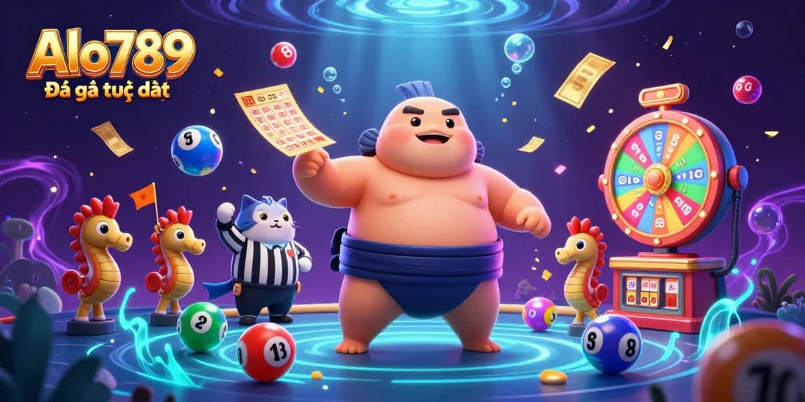 Alo789 Đá gà trực tiếp scene showcasing a cartoon fugu in a contest with vibrant gambling elements adding excitement.