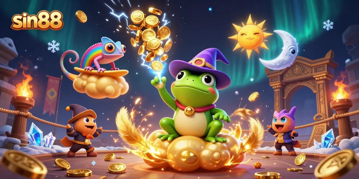 sin88 players winning big as the weather wizard frog creates a storm of golden coins in an enchanting casino.