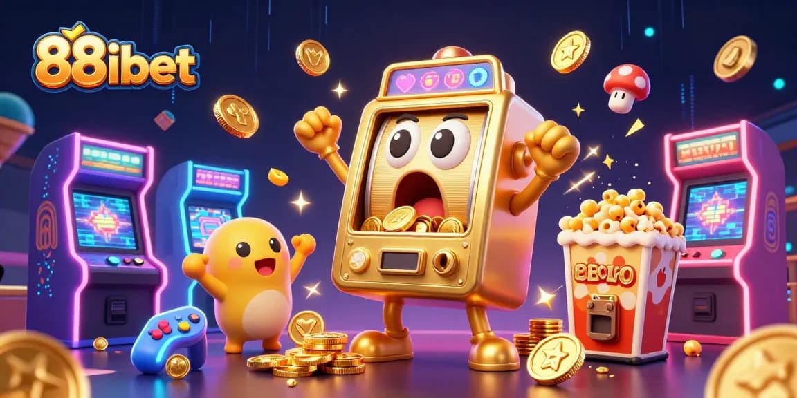 88ibet slot machine hits a jackpot with cheerful baby slots in a vibrant casino arcade scene.