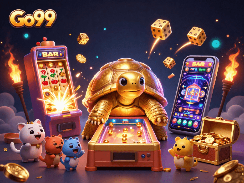 Engage with Go99's vibrant, action-packed casino scene featuring thrilling games and dynamic characters.