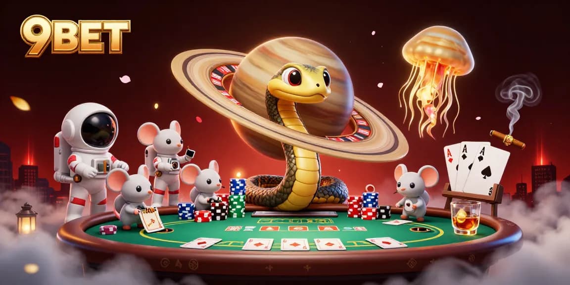 9BET players placing fun bets in an imaginative cosmic casino scene with poker elements.