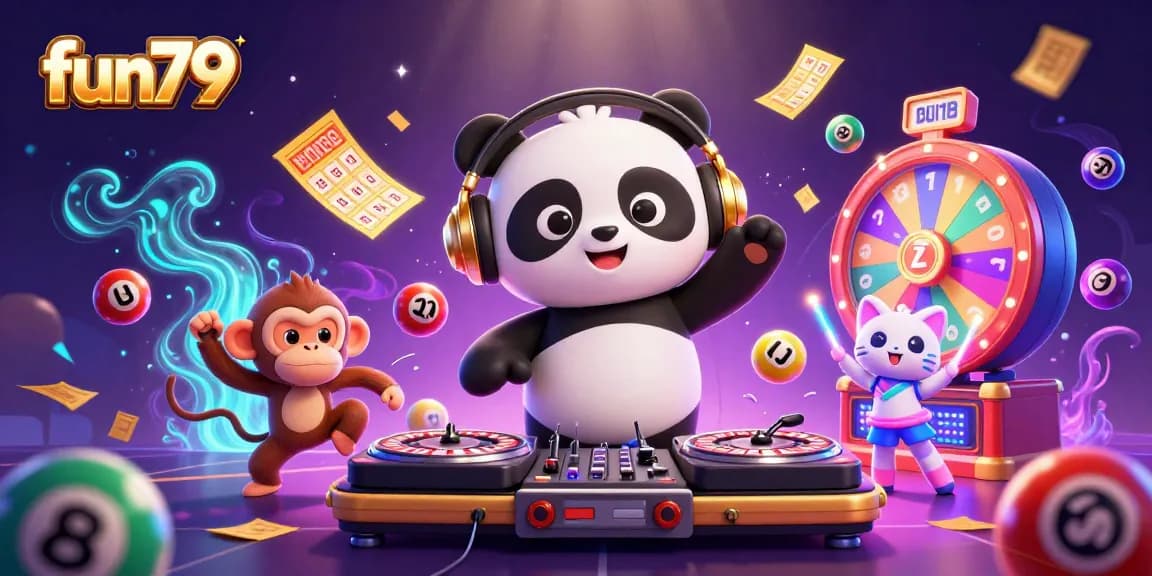 Experience fun79's vibrant casino atmosphere with animated characters and dynamic lottery elements in a lively scene.