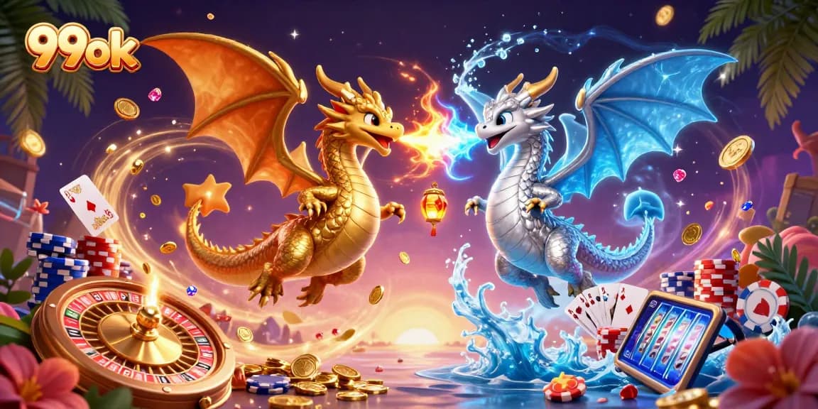 Experience vibrant 99ok gaming with golden dragons, roulette wheels, and sparkling gems in a 3D casino fantasy illustration.