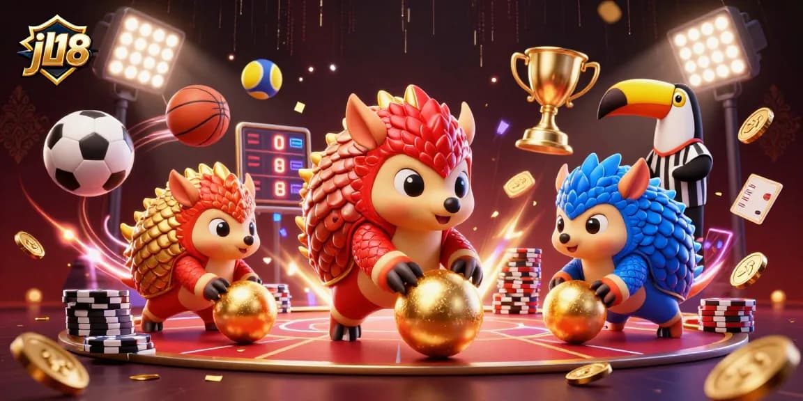 Experience the excitement of jl18 casino with animated pangolins rolling through poker chips in a vibrant scene.