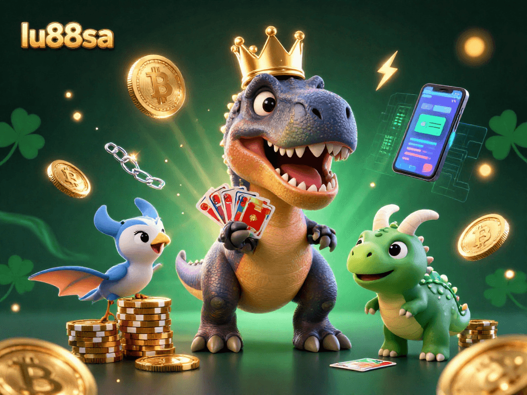 lu88sa engages in casino action with a T-Rex shuffling cards and a triceratops stacking chips.