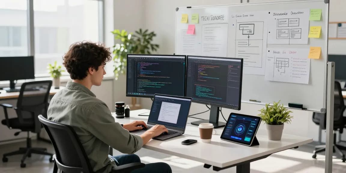 Team member building internal tools with AI in a modern workspace, showcasing innovative tech development.