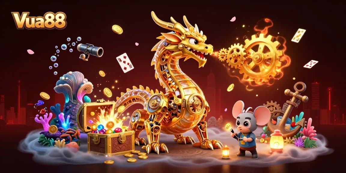 Players win big at Vua88 with vibrant 3D dragon and treasure-filled casino.