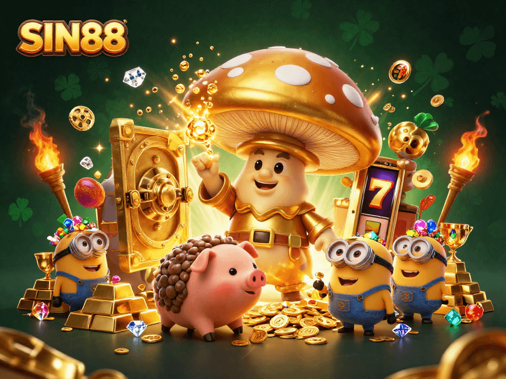SIN88 offers an enchanting casino experience featuring a golden wizard, treasure, and vibrant slot elements.