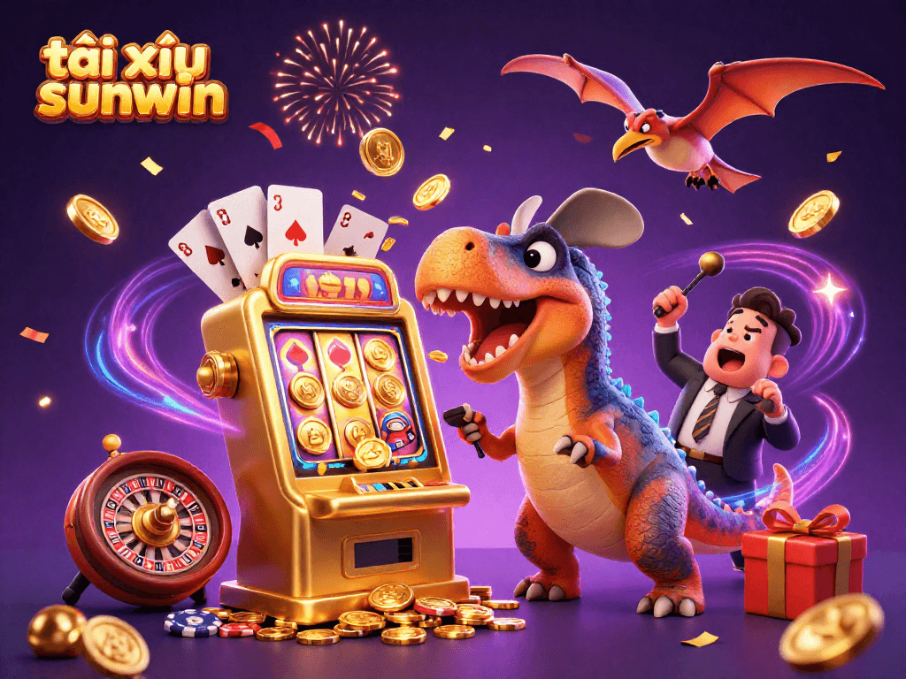 Experience the excitement of tài xỉu sunwin with a pachycephalosaurus winning jackpots amidst a lively casino scene.