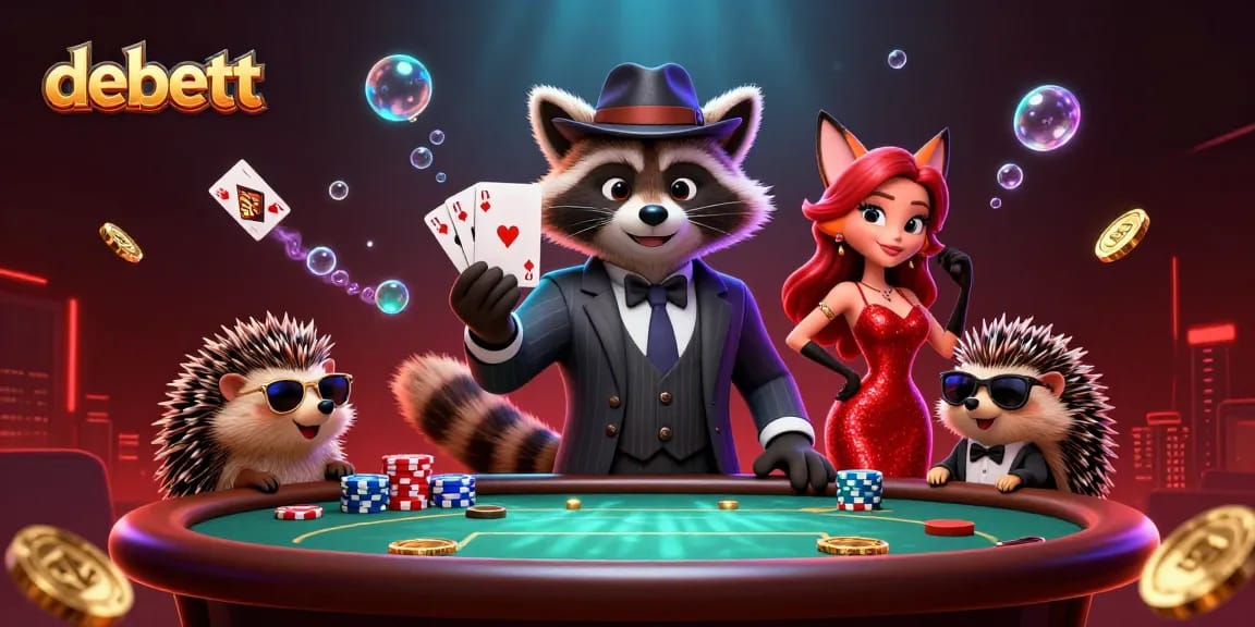 Experience thrilling poker action with debett as suave raccoon, charming fox, and hedgehog bouncer meet.