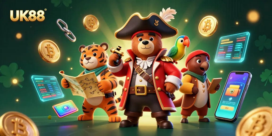 Experience thrilling betting strategies with UK88's dynamic scene featuring pirate characters and crypto elements.