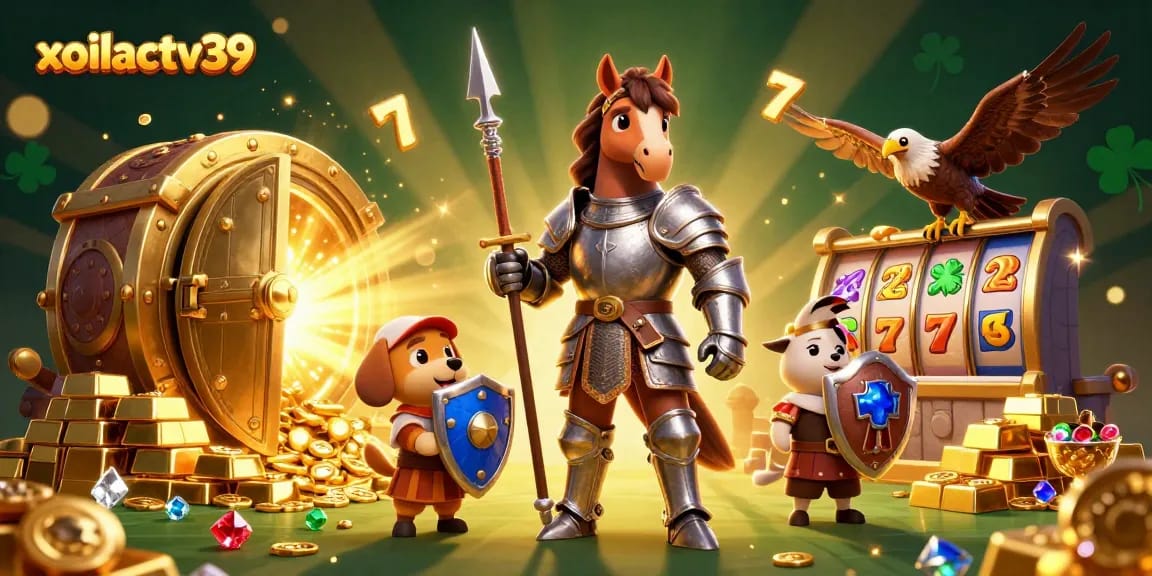 Experience the thrill of xoilactv39 with an epic casino scene featuring vibrant slot reels and sparkling gold elements.