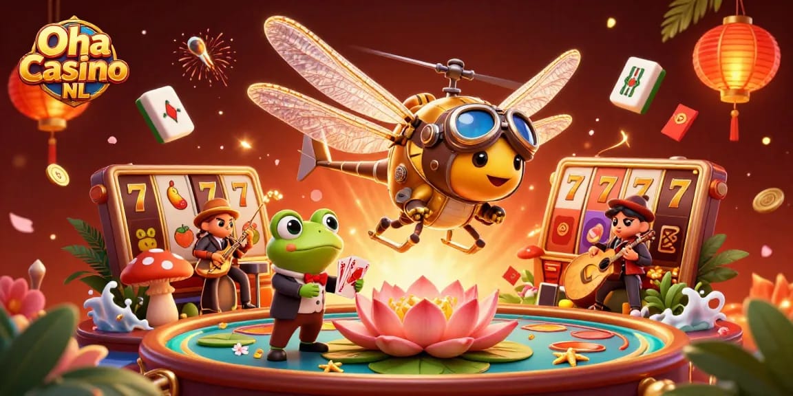 Speel slots bij Oha Casino NL met een levendige scène vol actie en gokkasten.